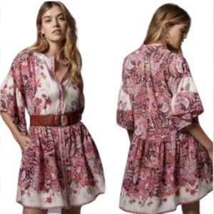 ANTHROPOLOGIE Pink Maroon Floral Oversized Tunic Short Sleeve Dress Medi…